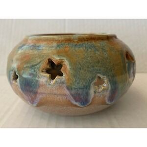 Rodriguez Signed Art Pottery Votive Pot Drip Glaze Star Crescent Moon Blue Brown